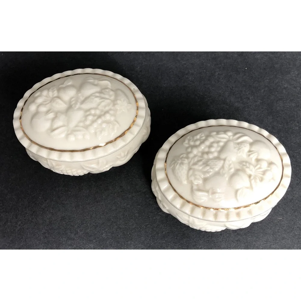2 LENOX Fruits of Life Small Oval Boxes with Lids Porcelain 1998 Trinket Dish